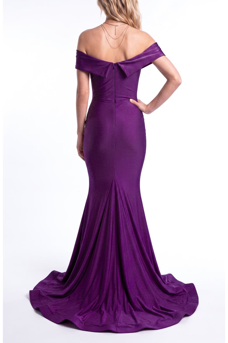 Off The Shoulder Ruched Mermaid Evening Gown, Alternate, color, Grape