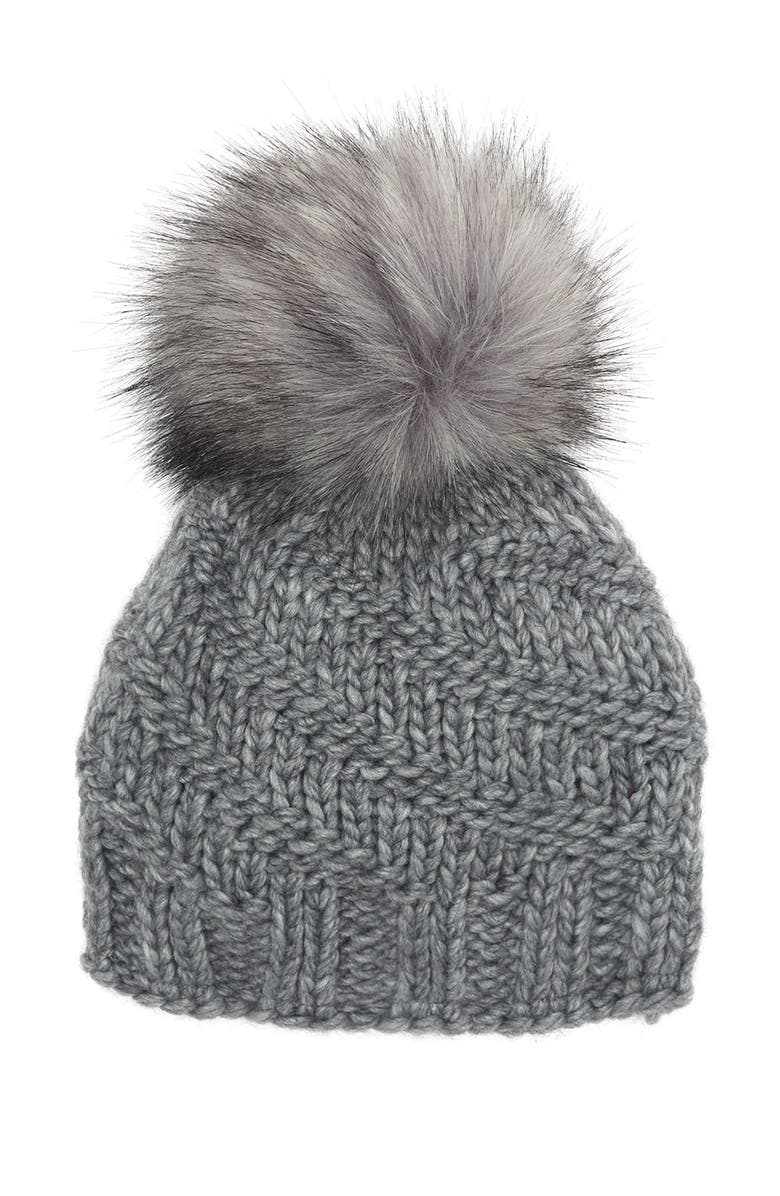 Kyi Kyi Cable Knit Faux Fur Pom Beanie, Main, color,