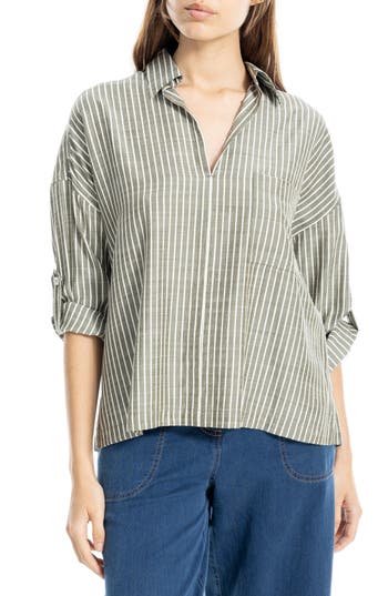 Max Studio Stripe Collared Top In Gray