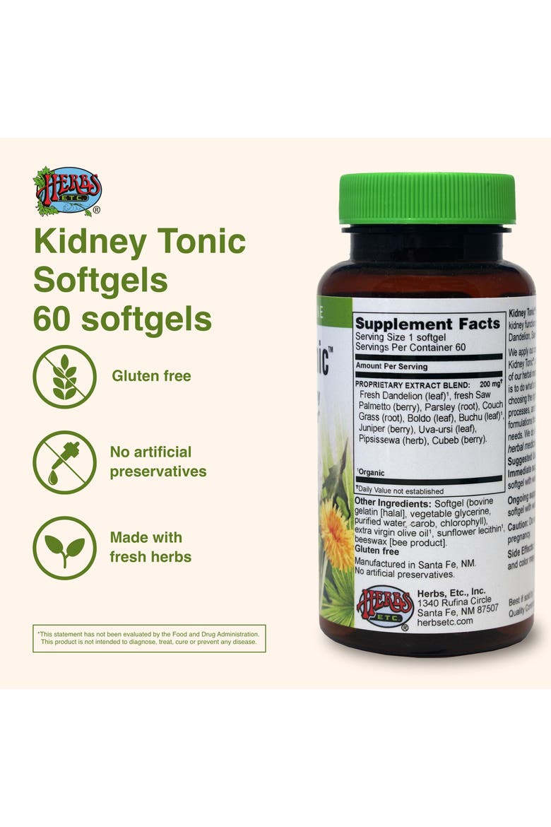 Kidney Tonic Softgels - Function Supplement - Natural with Dandelion, Saw Palmetto & Parsley - 60 Softgels, Alternate, color, No Color