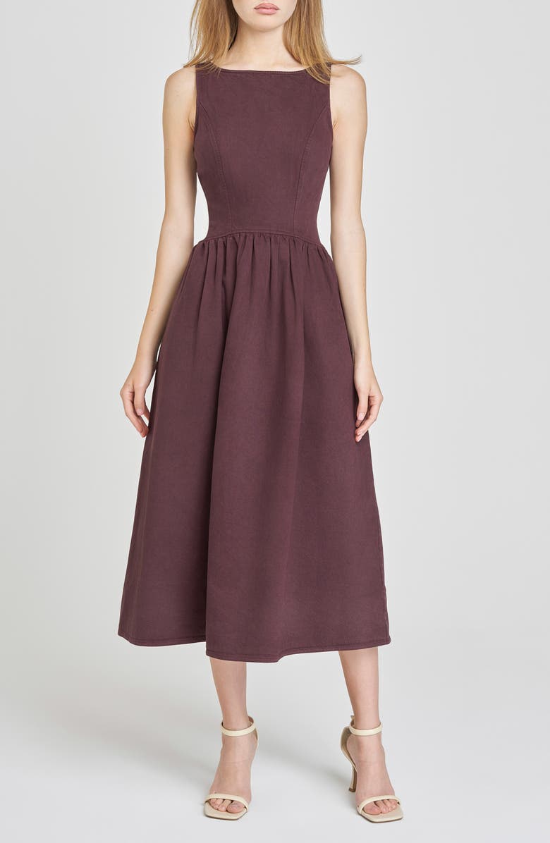 WAYF Amelia Denim Midi Dress, Main, color, Brown