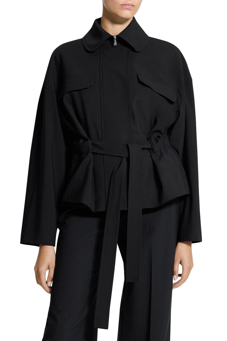 Flight Tie Waist Stretch Wool Jacket, Main, color, BLACK - 001