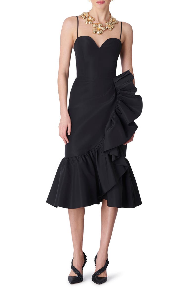 Gathered Ruffle Detail Silk Midi Dress, Alternate, color, BLACK