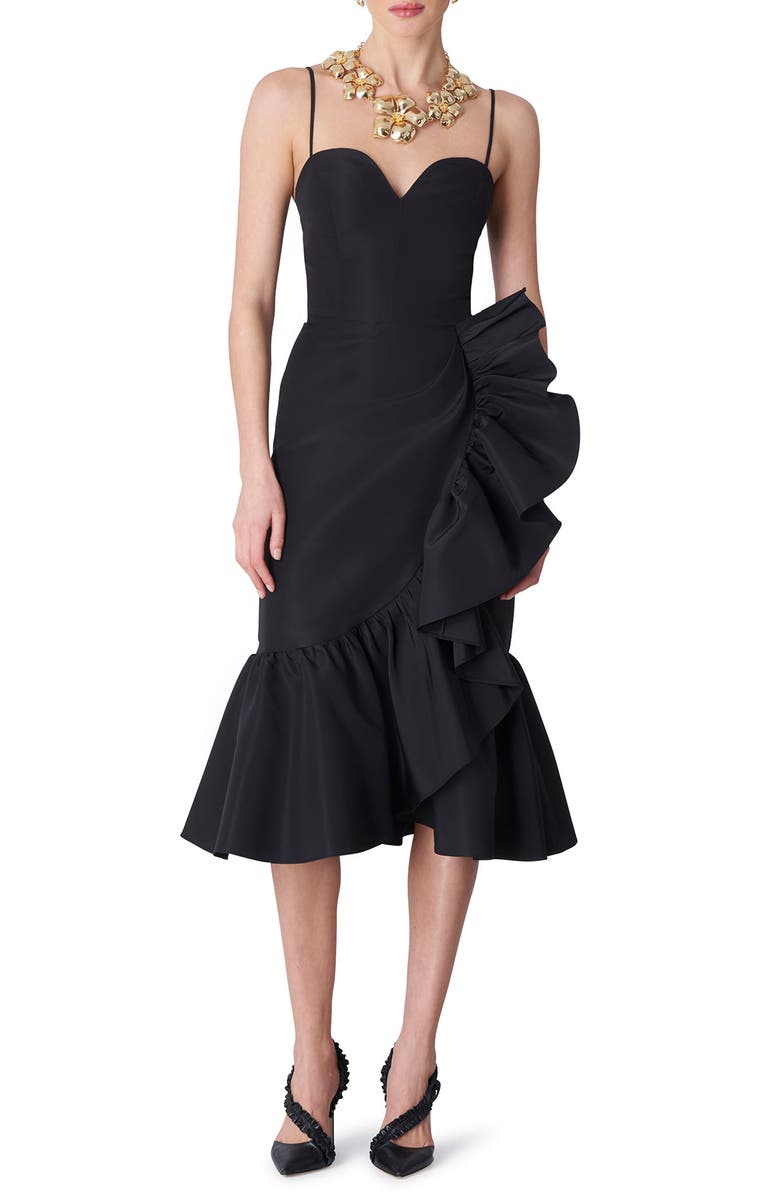 Carolina Herrera Gathered Ruffle Detail Silk Midi Dress, Alternate, color,