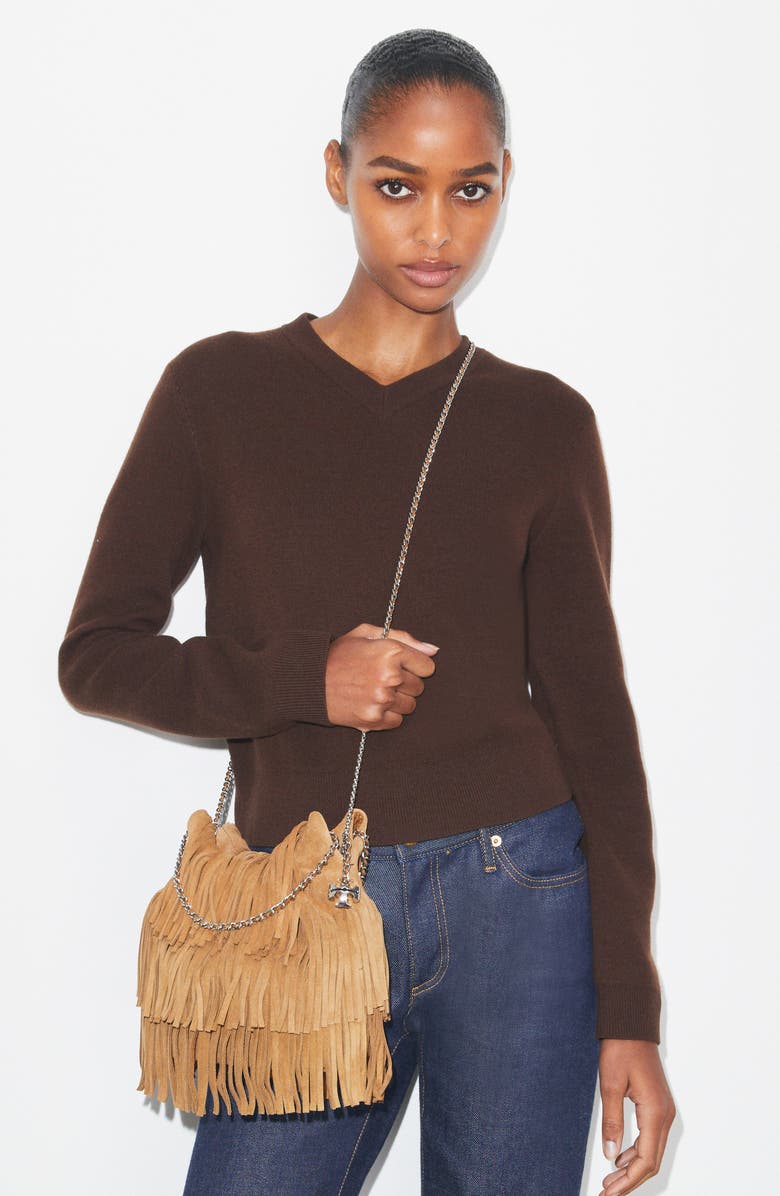 Tory Burch Mini Fleming Suede Fringe Hobo Bag, Alternate, color, Wild Tabacco