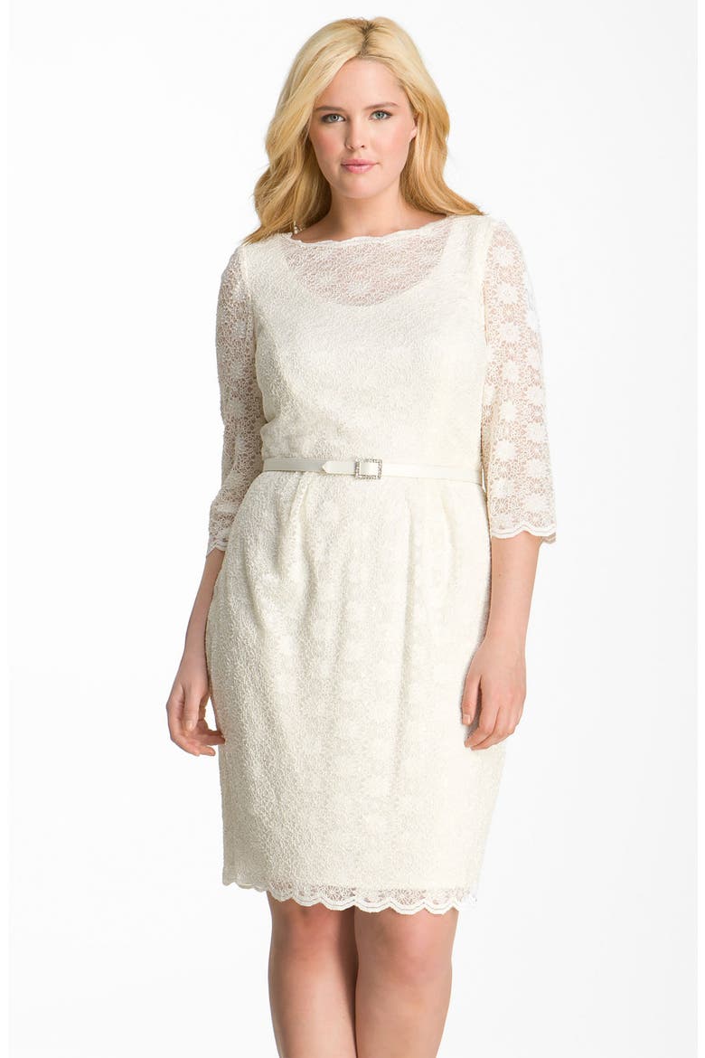 Belted Lace Sheath Dress, Main, color, IVORY