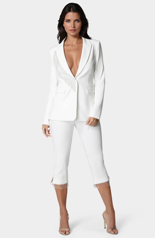 Bebe Mid Waist Rhinestone Fringe Capri In White