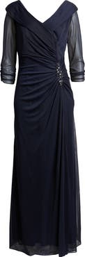 Alex Evenings Pleated Portrait Collar Chiffon Gown