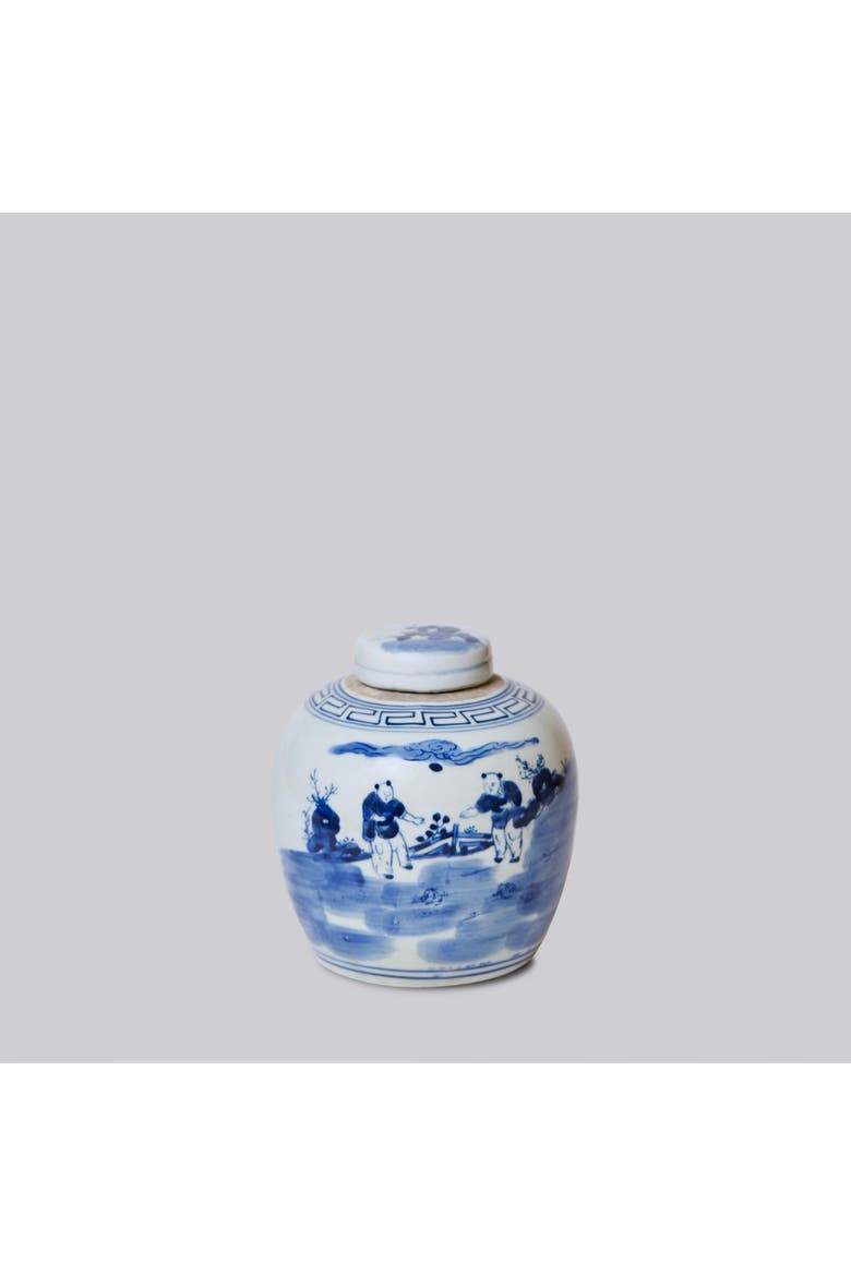 Porcelain Playing Children Round Storage Jar, Main, color, Blue + White