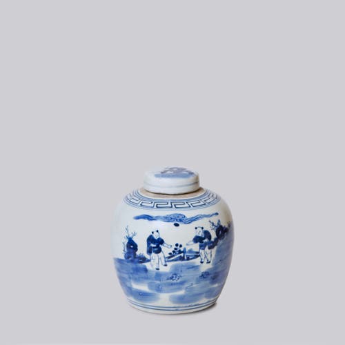 Cobalt Guild Porcelain Playing Children Round Storage Jar