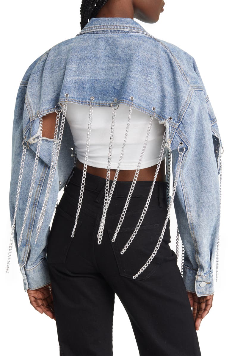 AZALEA WANG Chain Fringe Crop Denim Jacket, Alternate, color, 