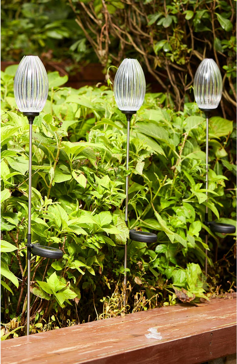 Glitzhome Set of 3 Solar Stake Oval Flower Light with Stainless Steel Pole, Alternate, color, Black