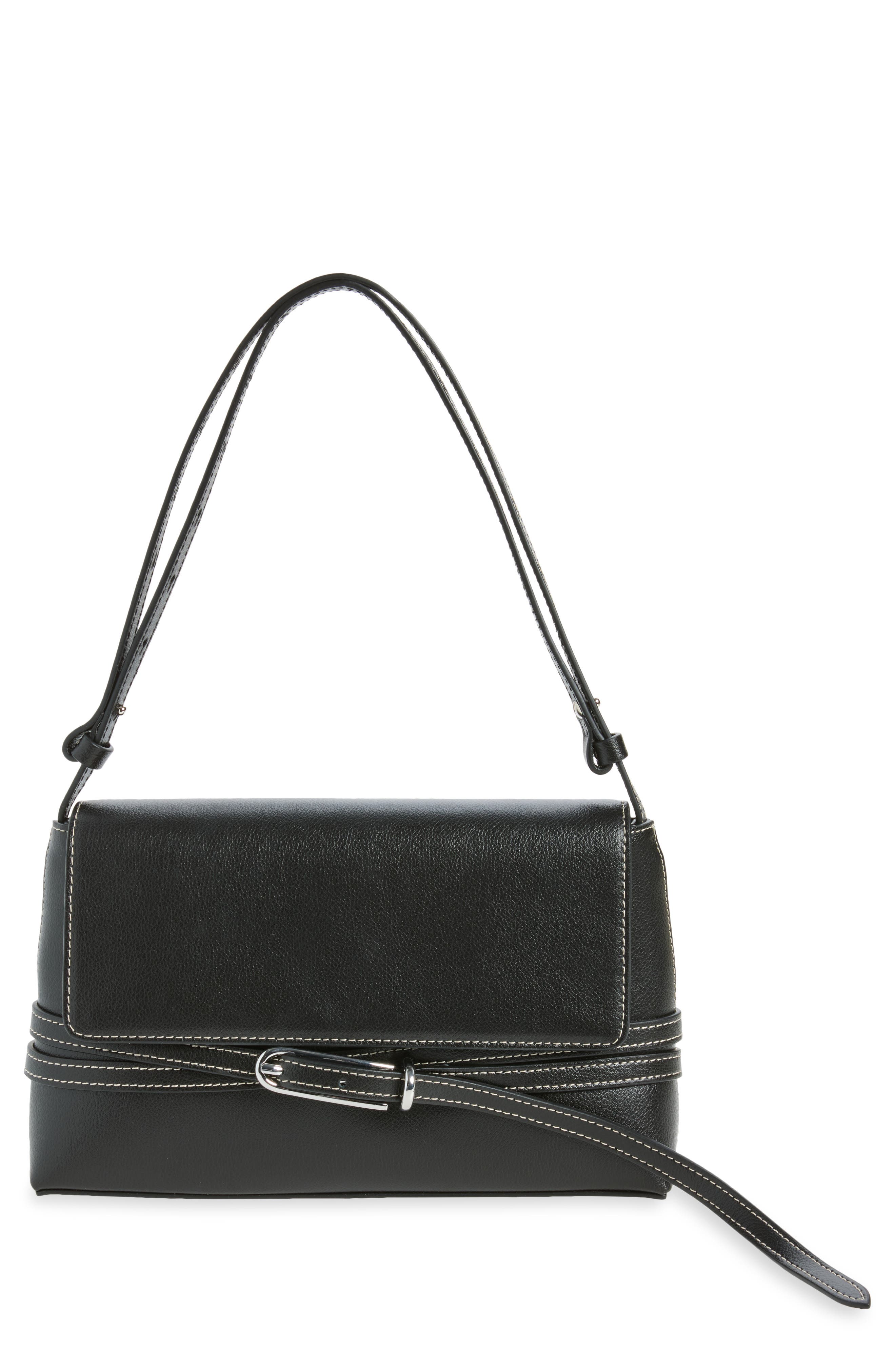 Belted Leather Shoulder Bag, Main, color, BLACK
