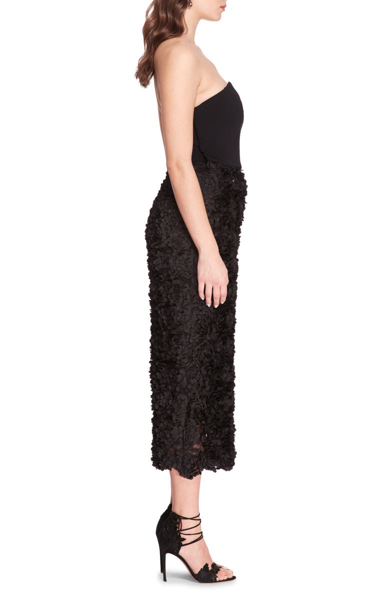 Marchesa Notte Rosette Strapless Midi Dress, Alternate, color, Black