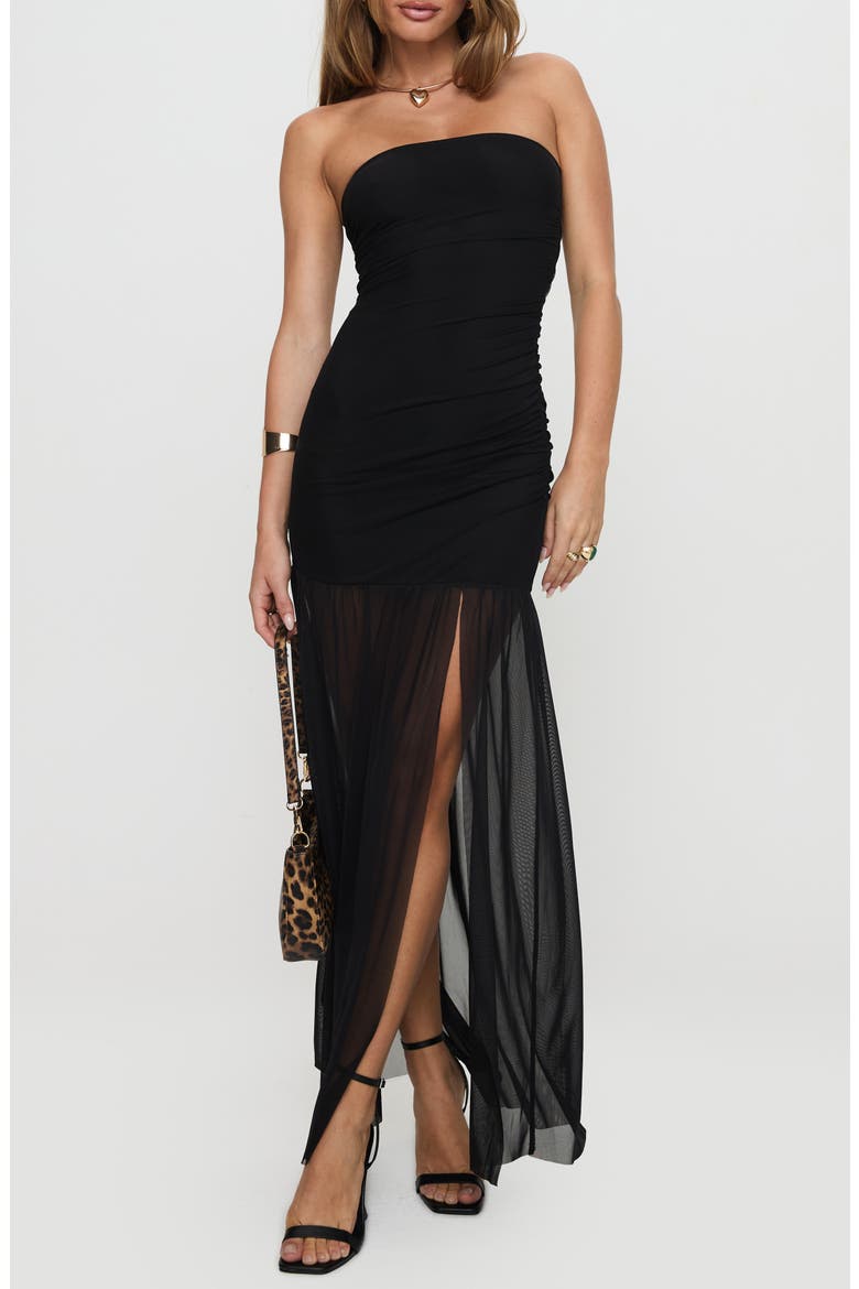 Decadent Strapless Mesh Maxi Dress, Main, color, BLACK