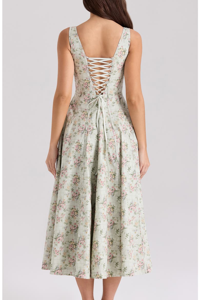 Mariabella Lace-Up Stretch Cotton Midi Dress, Alternate, color, VINTAGE FLORAL AND SAGE