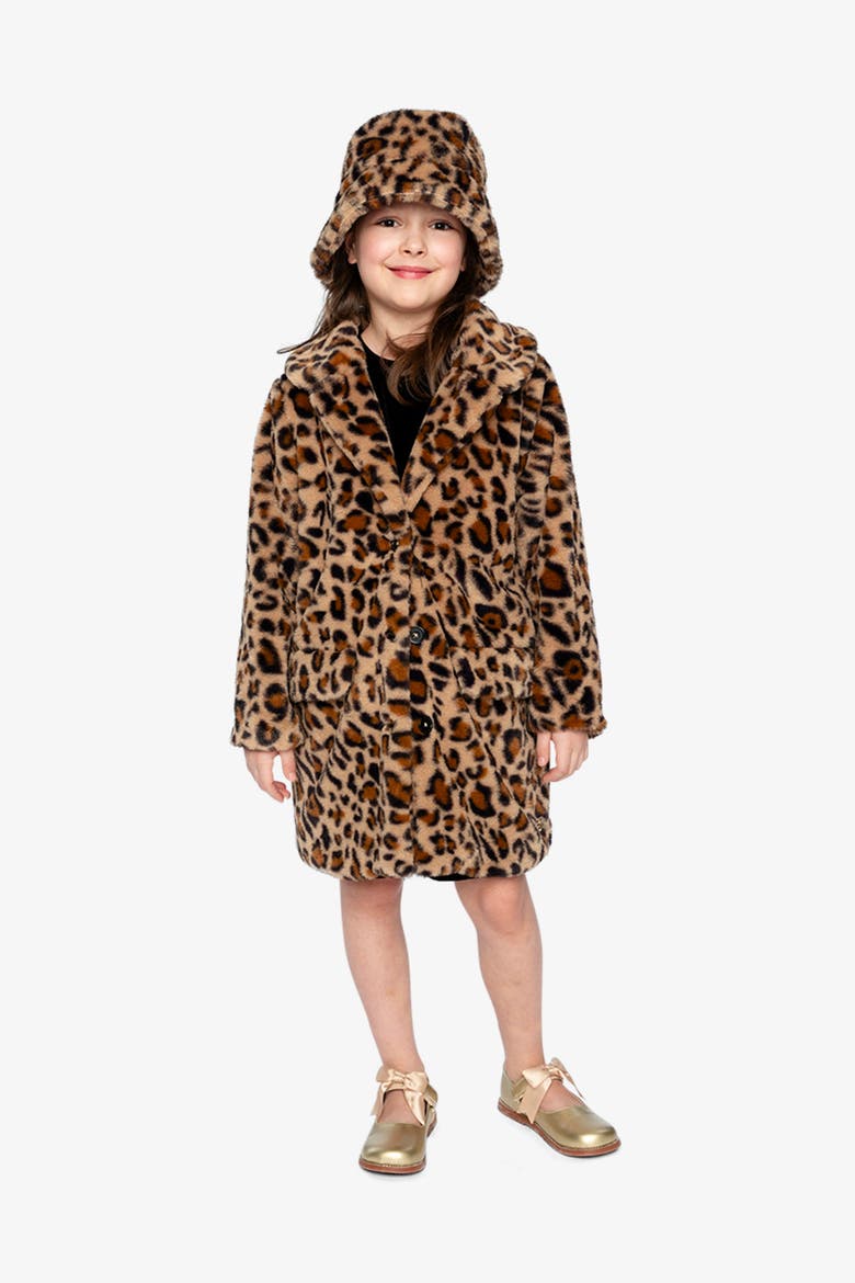 Leopard Faux Fur Button Front Side Pocket Long Coat, Alternate, color, Brown with Leopard Print