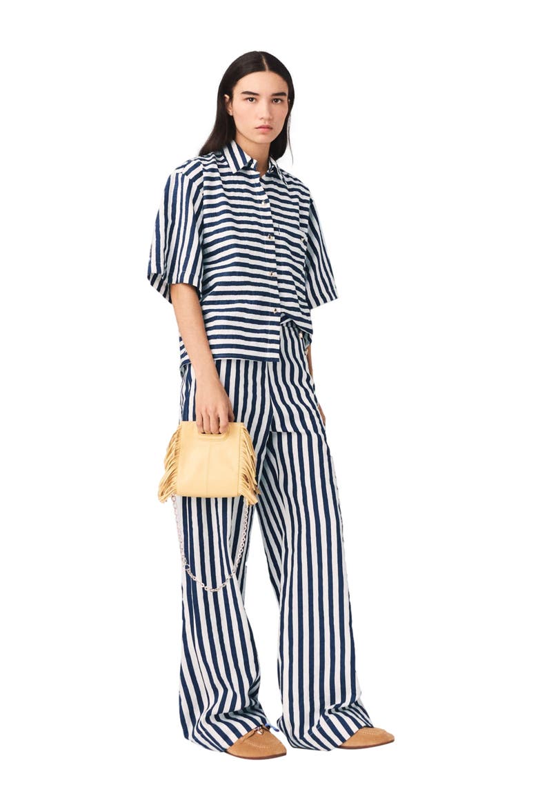 Cropped linen-blend shirt, Alternate, color, White/blue