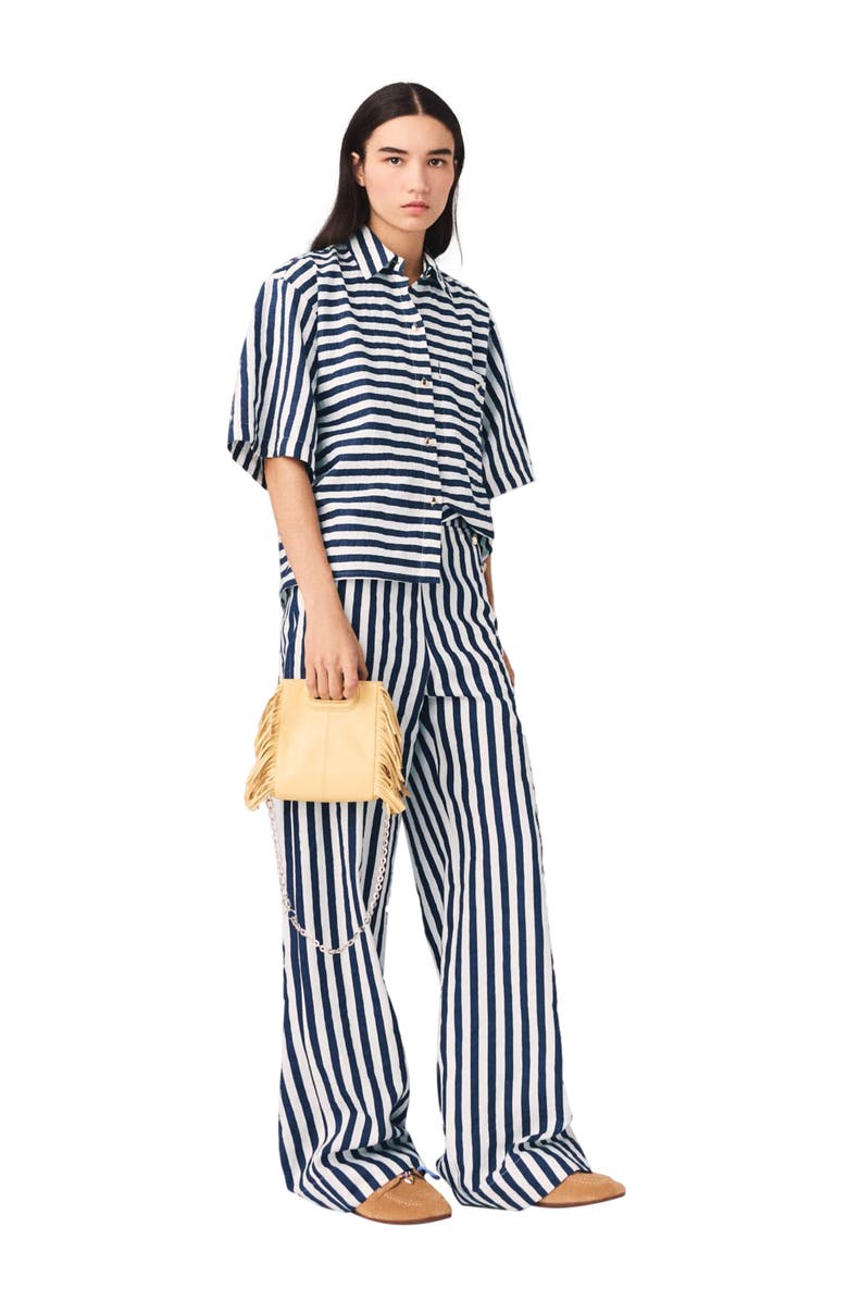 maje Cropped linen-blend shirt, Alternate, color, White/Blue