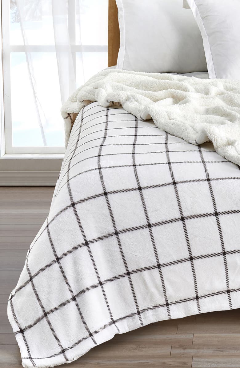 Woven & Weft Moose Print Reversible Faux Shearling Throw Blanket, Alternate, color, Grey Windowpane