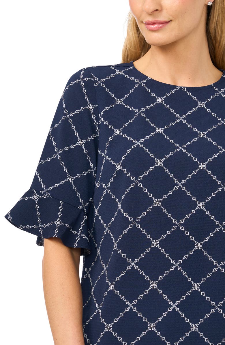 CeCe Print Ruffle Cuff Top, Alternate, color, Classic Navy