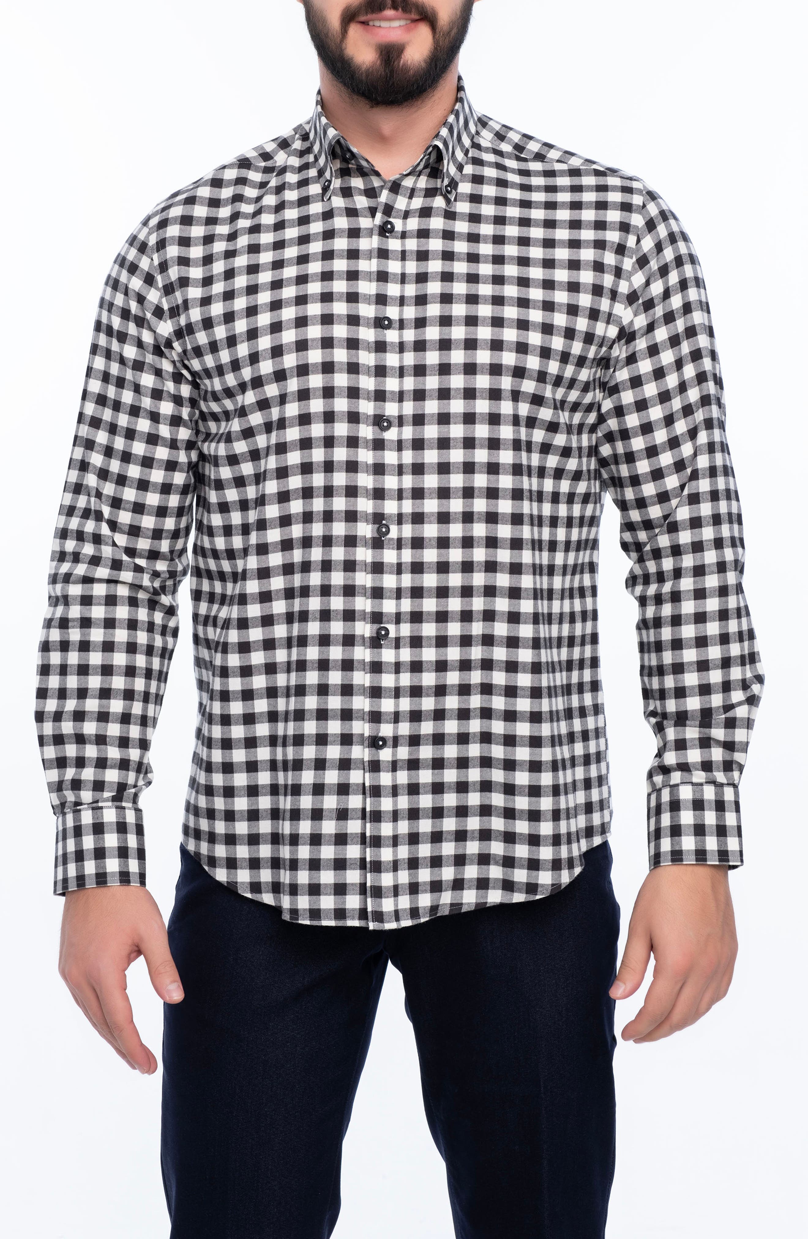 VELLAPAIS Gingham Cotton Slim Fit Button Down Shirt