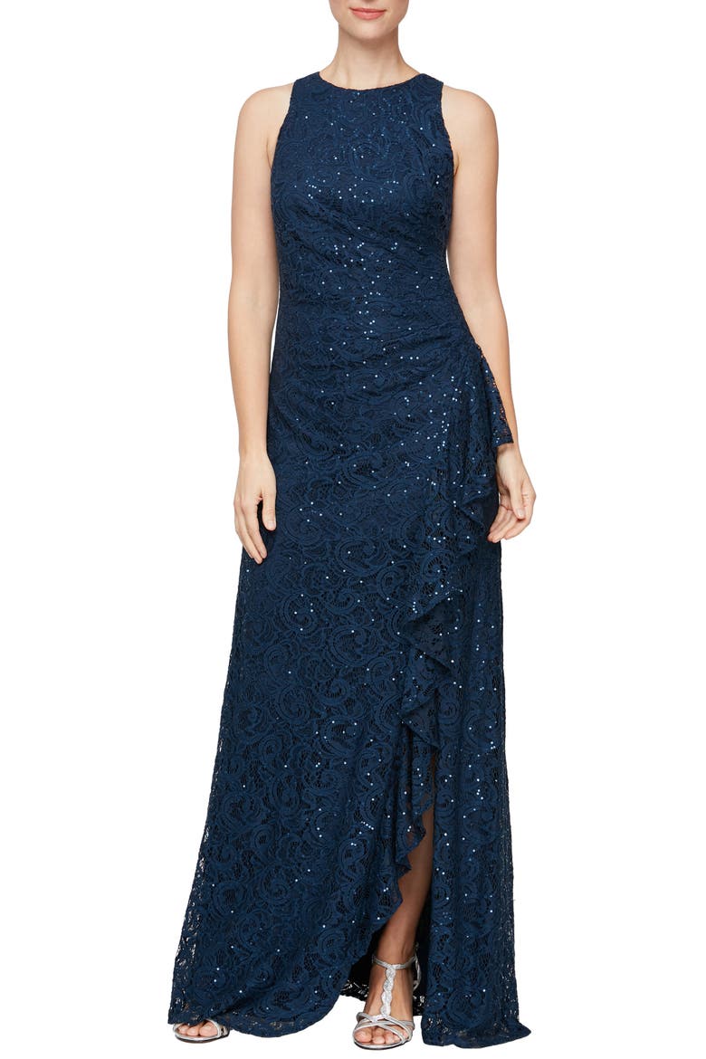 Sequin Ruched Ruffle A-Line Gown, Main, color, NAVY