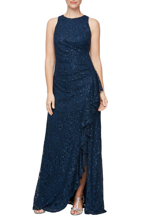 Sequin Ruched Ruffle A-Line Gown