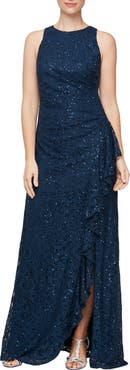 Alex Evenings Sequin Ruched Ruffle A-Line Gown