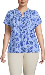 Lands' End Plus Size Lightweight Jersey Button Pintuck Top