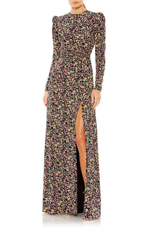 ★Mac Duggal★ Black フローラル キャップスリーブ ドレス Black Floral Beaded Mesh Scoop Neck Sleeveless Gown | Mac Duggal