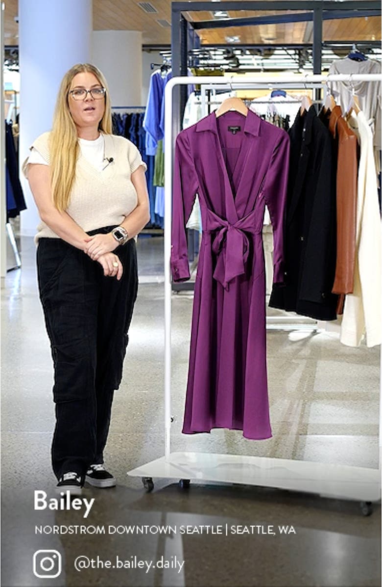 Tie Front Long Sleeve V-Neck Satin Shirtdress, sales video thumbnail