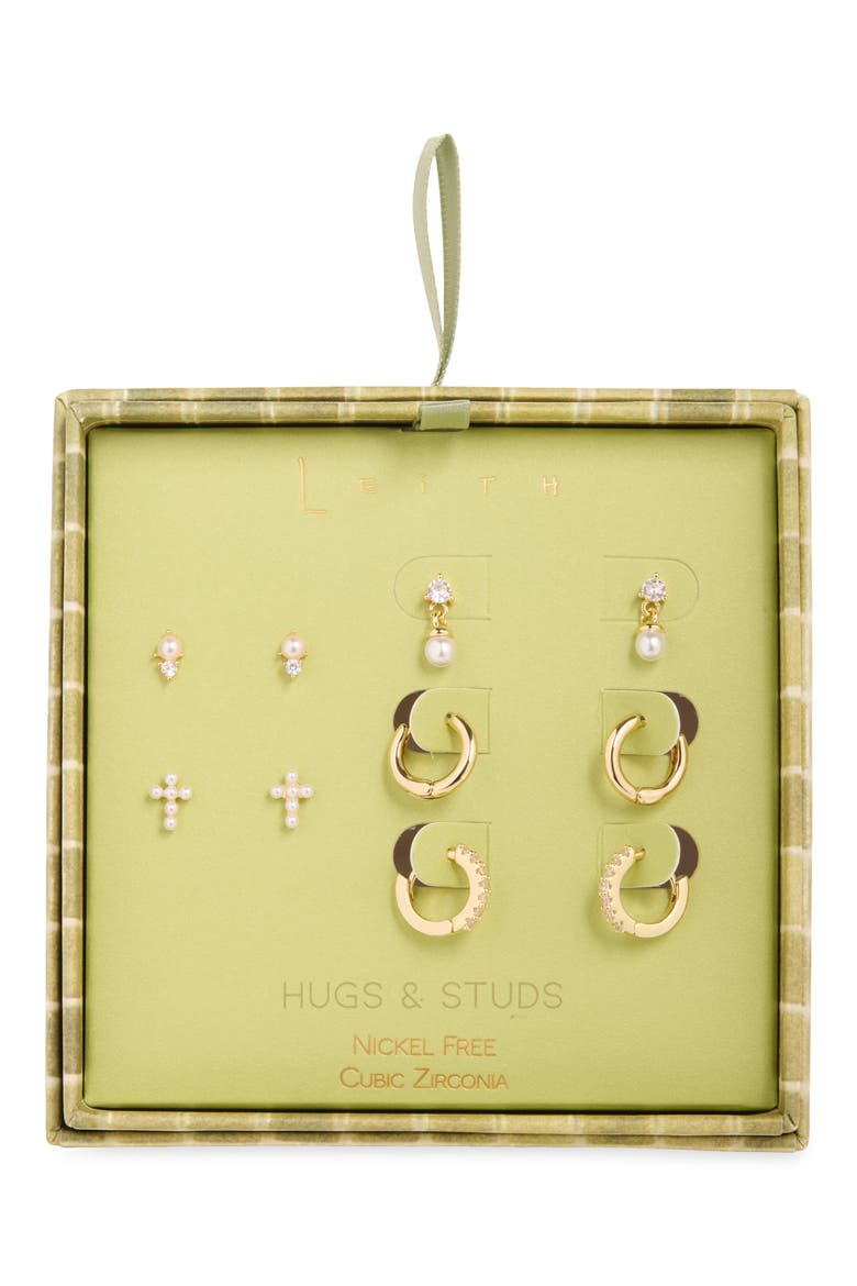 Set of 5 Cubic Zirconia & Cultured Pearl Stud, Drop & Huggie Hoop Earrings, Main, color, CLEAR- GOLD