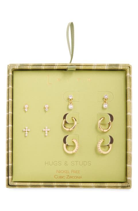 Set of 5 Cubic Zirconia & Cultured Pearl Stud, Drop & Huggie Hoop Earrings