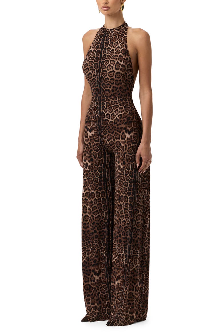 Leopard Print Wide Leg Halter Jumpsuit, Alternate, color, BROWN LEOPARD