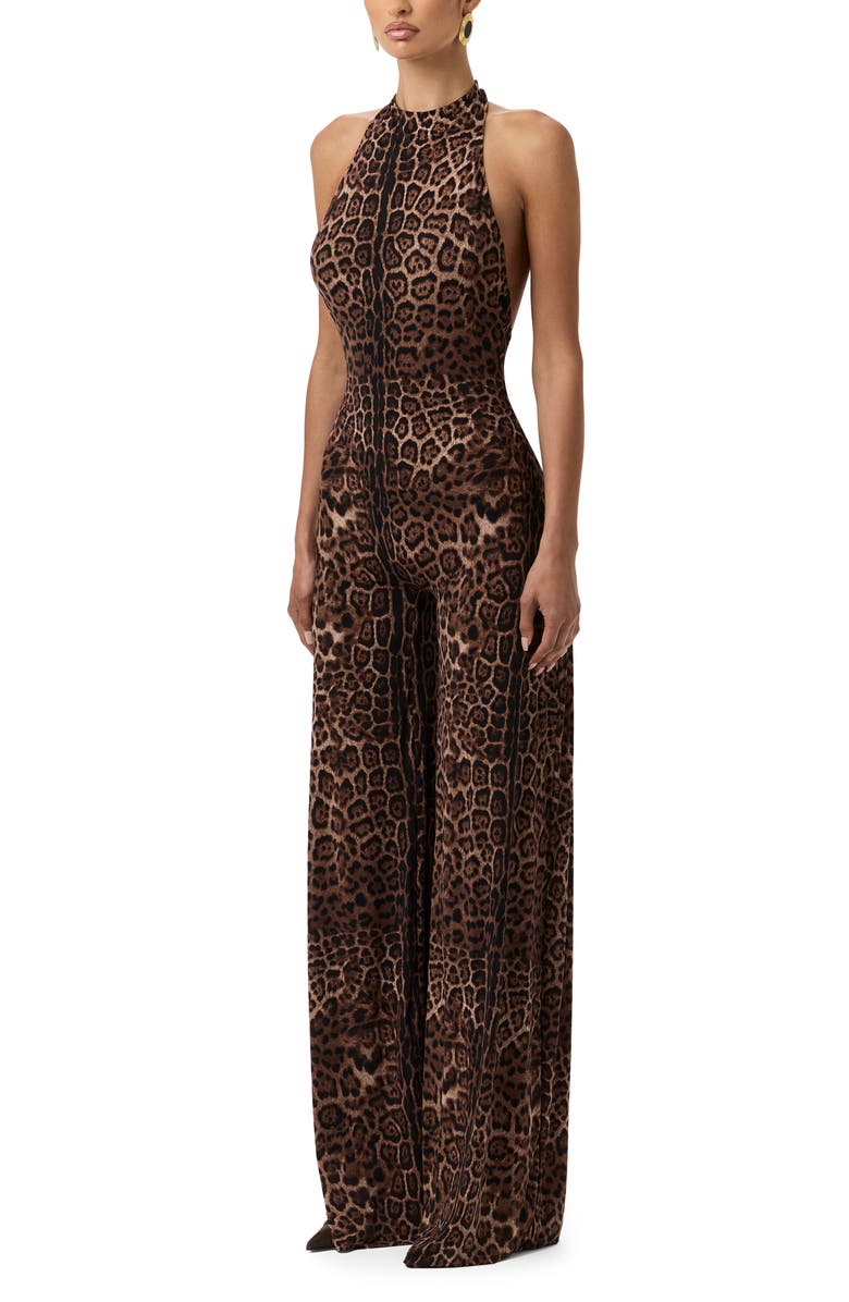 Naked Wardrobe Leopard Print Wide Leg Halter Jumpsuit, Alternate, color, Brown Leopard