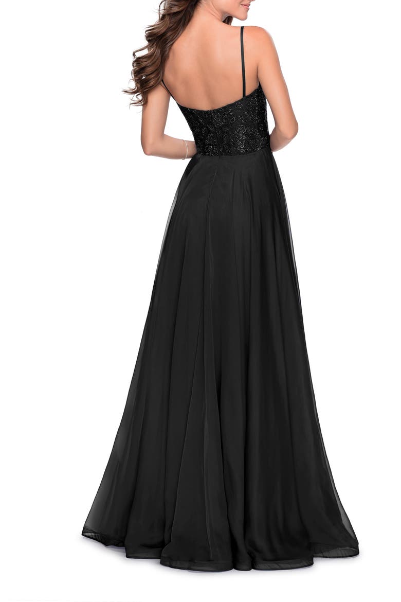 Chiffon Prom Dress with Sheer Floral Lace Bodice, Alternate, color, BLACK