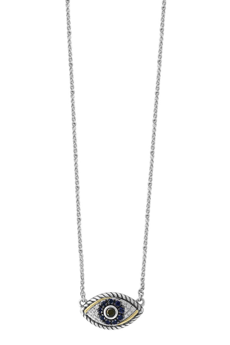 Sterling Silver Diamond and Sapphire Evil Eye Pendant Necklace, Main, color, SILVER