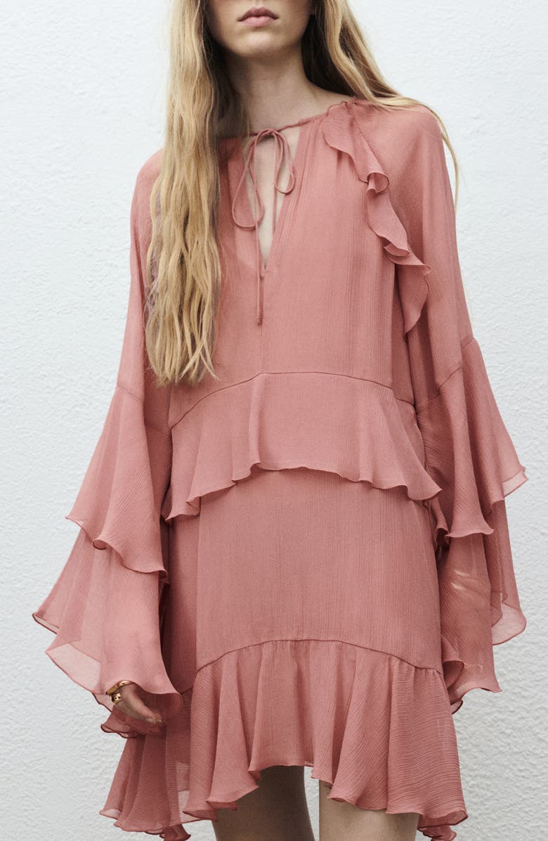 MANGO Ruffle Long Sleeve Dress, Alternate, color, Pink
