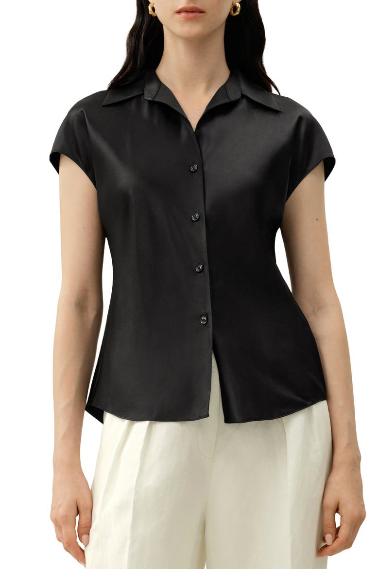 Women's Bias Cut Cap-Sleeve Silk Shirt, Main, color, Black