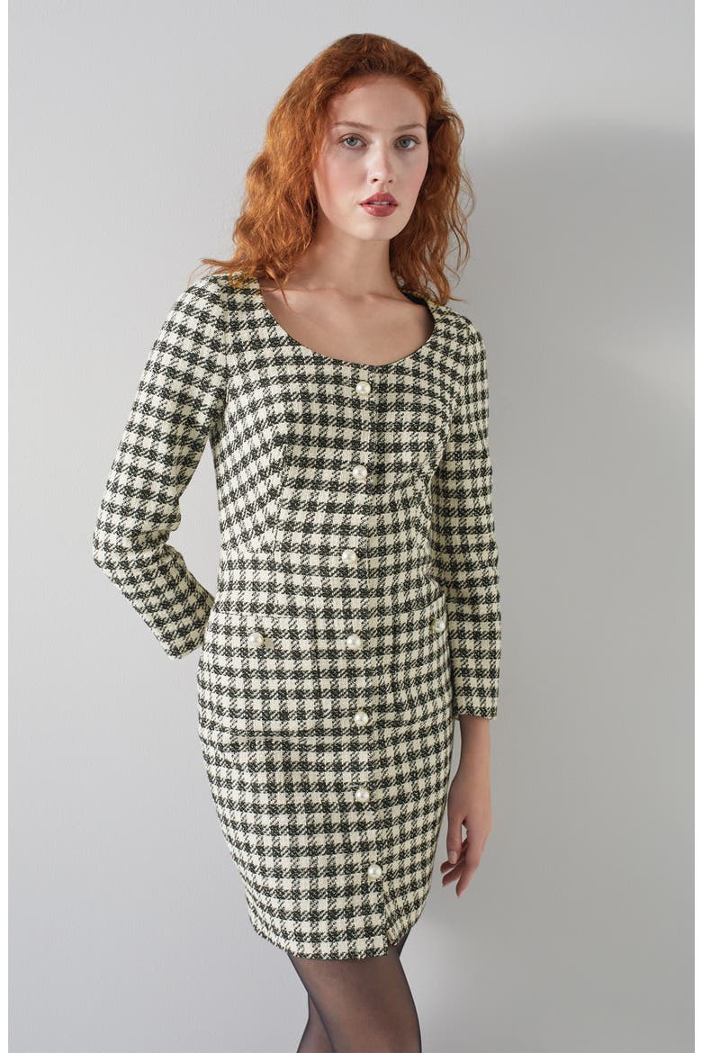 Keeler Long Sleeve Gingham Tweed Dress, Alternate, color, MUL-BLACK/CREAM