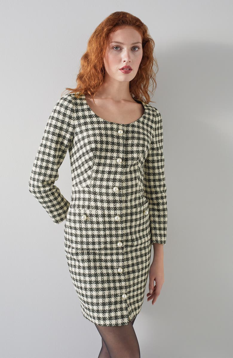 LK Bennett Keeler Long Sleeve Gingham Tweed Dress, Alternate, color, Mul-Black/Cream
