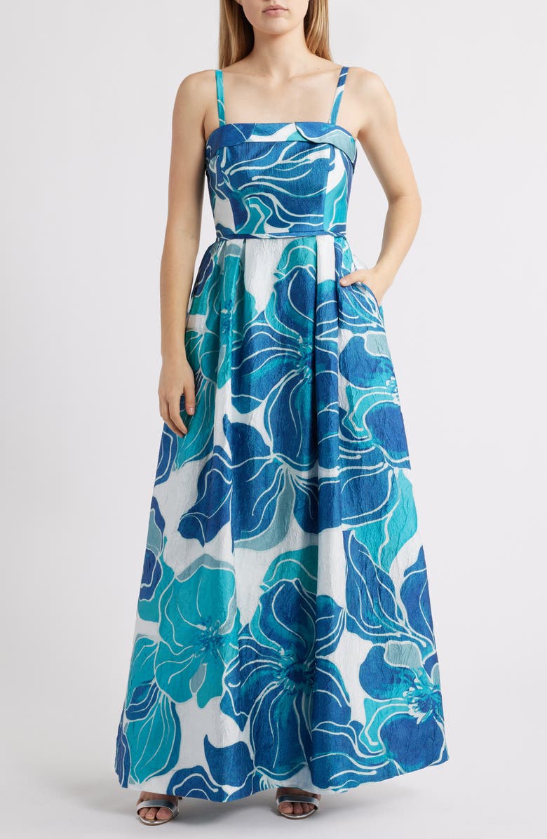 Tahari ASL Floral Crinkled Satin Gown, Main, color, Teal Navy