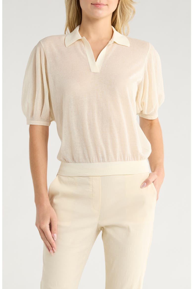 Puff Sleeve Crepe Knit Polo, Main, color, CREAM