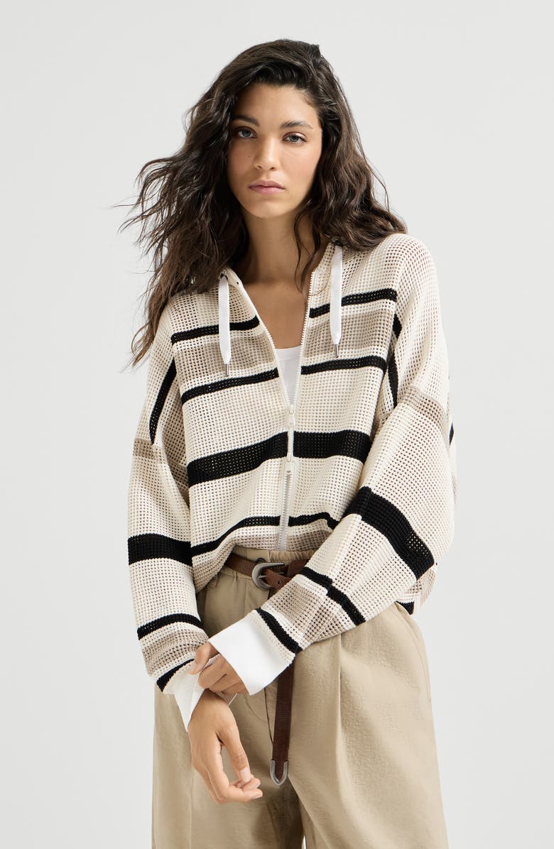 Brunello Cucinelli Net hooded cardigan with zipper, Main, color, White