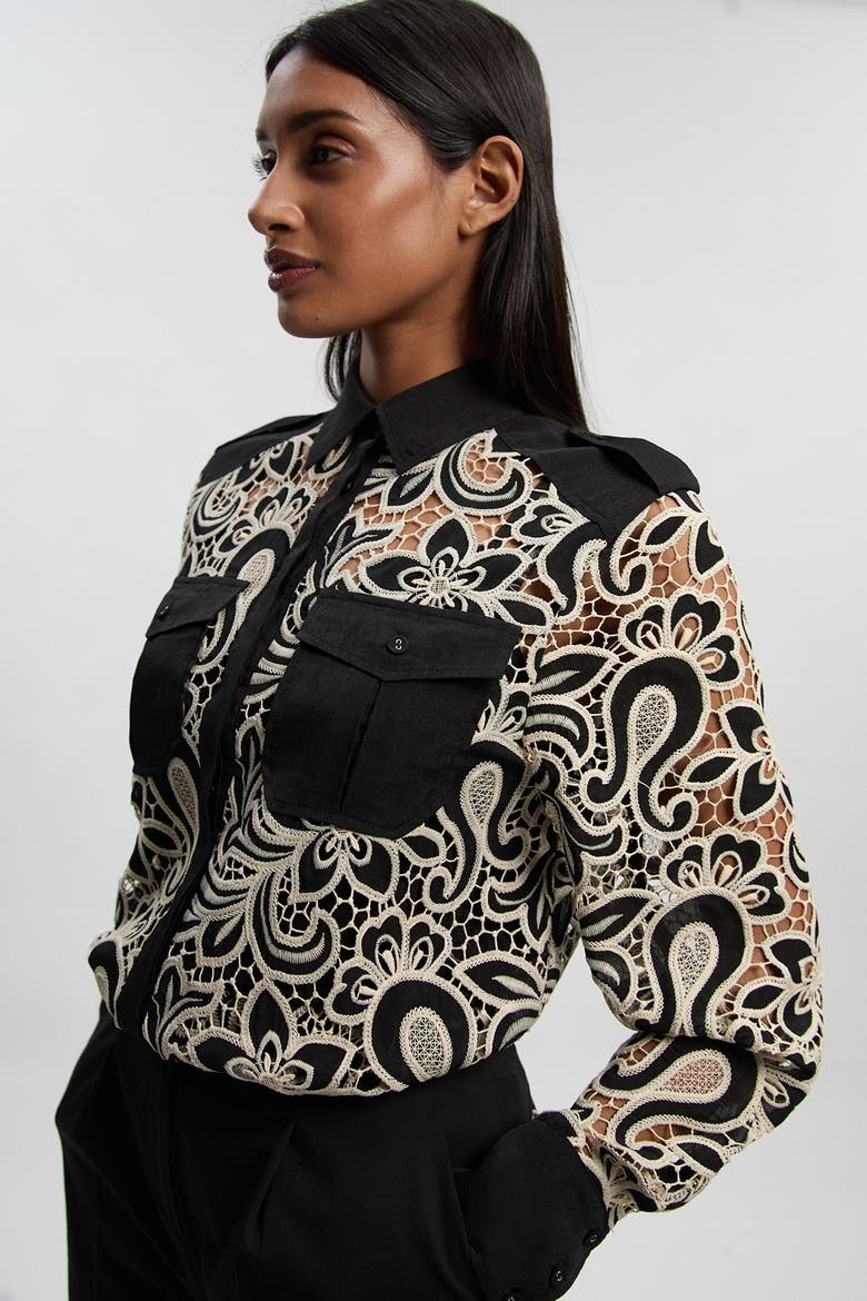 Cutwork Detail Long Sleeve Shirt, Alternate, color, Mono