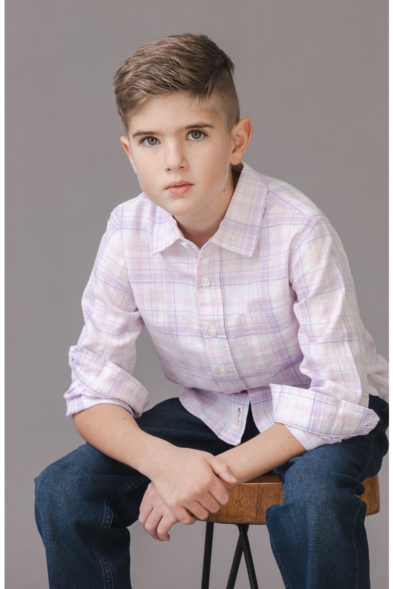 Kids' Linen Long Sleeve Button Down Shirt, Alternate, color, Monet Plaid
