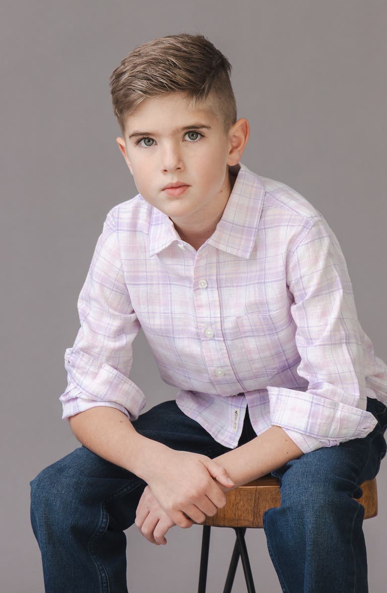 Hope & Henry Kids' Linen Long Sleeve Button Down Shirt, Alternate, color, Monet Plaid