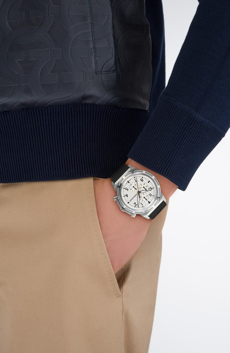 FERRAGAMO Sport Chronograph Silicone Strap Watch, 44mm, Alternate, color, Stainless Steel