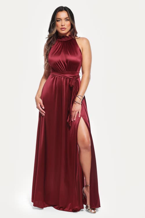 Popilush Draped High Neck Sculpting Floral-print Maxi Dress In Red